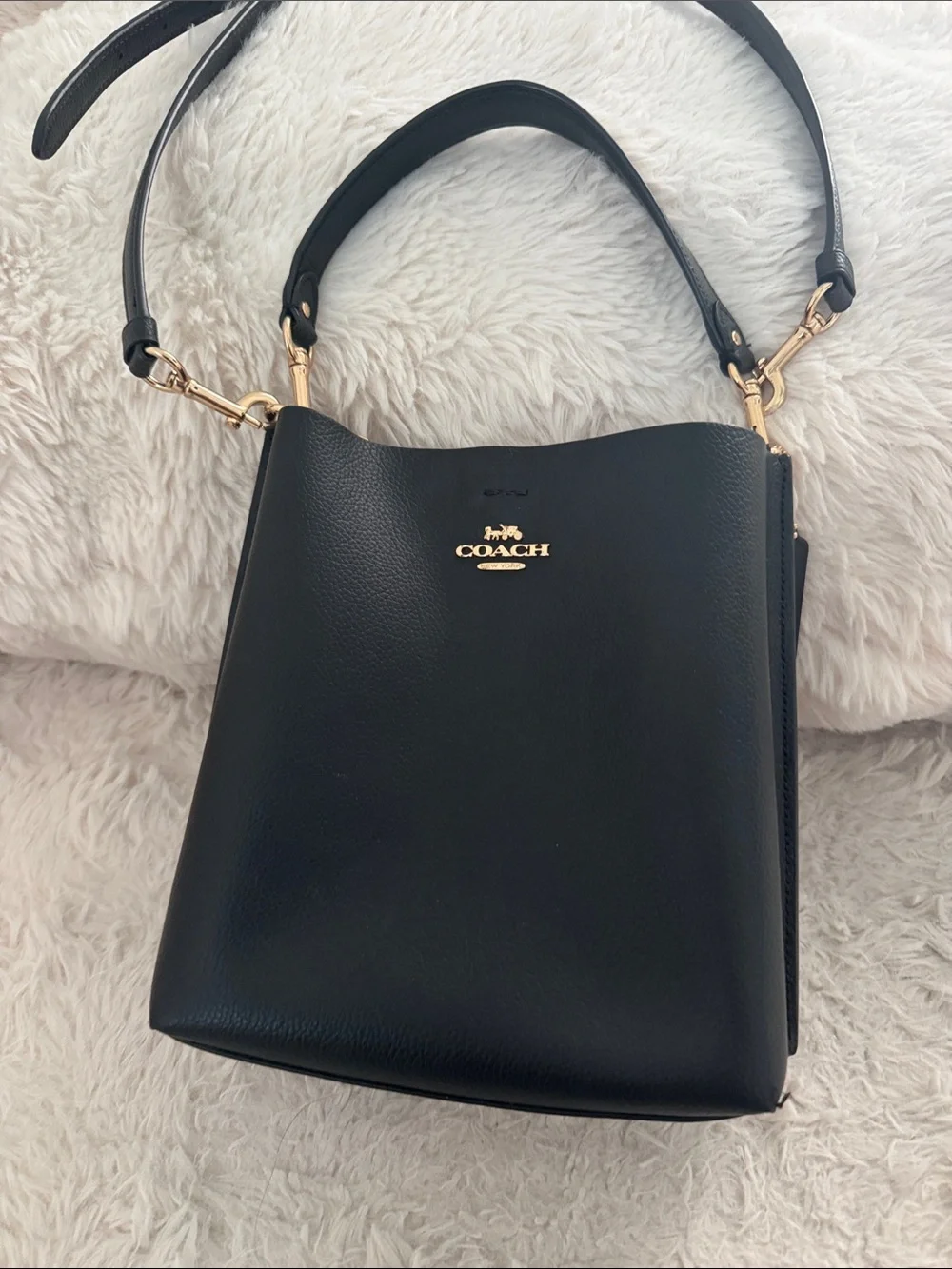 Coach Black Pebbled Leather Shoulder Bucket Bag with Gold Hardware